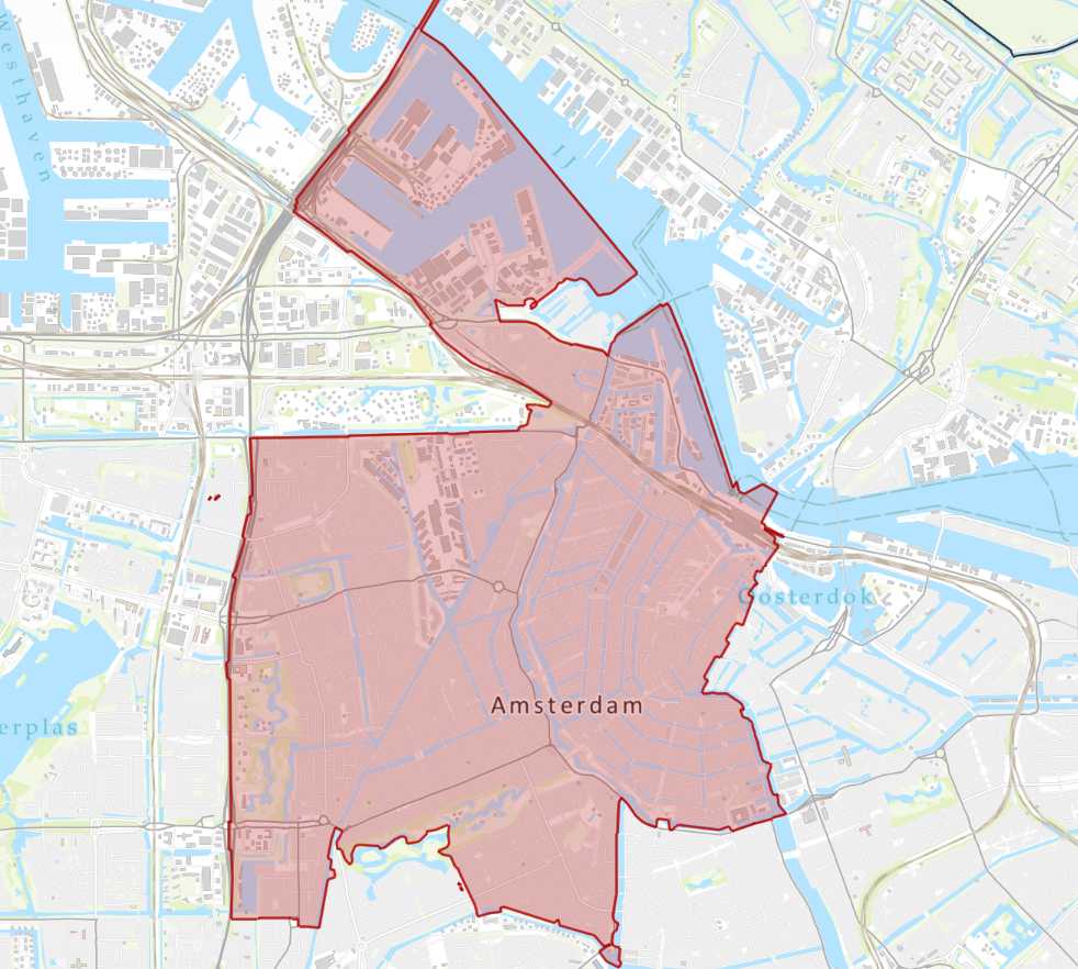Kaart van Amsterdam met getroffen gebied stroomstoring 14 januari 2026